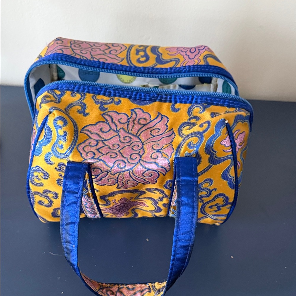 London Soho Makeup Travel Bag in Brocade  Blue Pink and Yellow Pattern